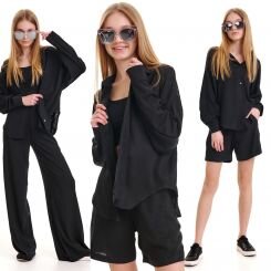 Льняной костюм-тройка для девочки-подростка Babylife, цвет черный - ko-147500